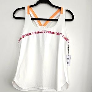 LIJA Women's Large NWT White/Floral Tennis Top W/Racerback Orange Straps